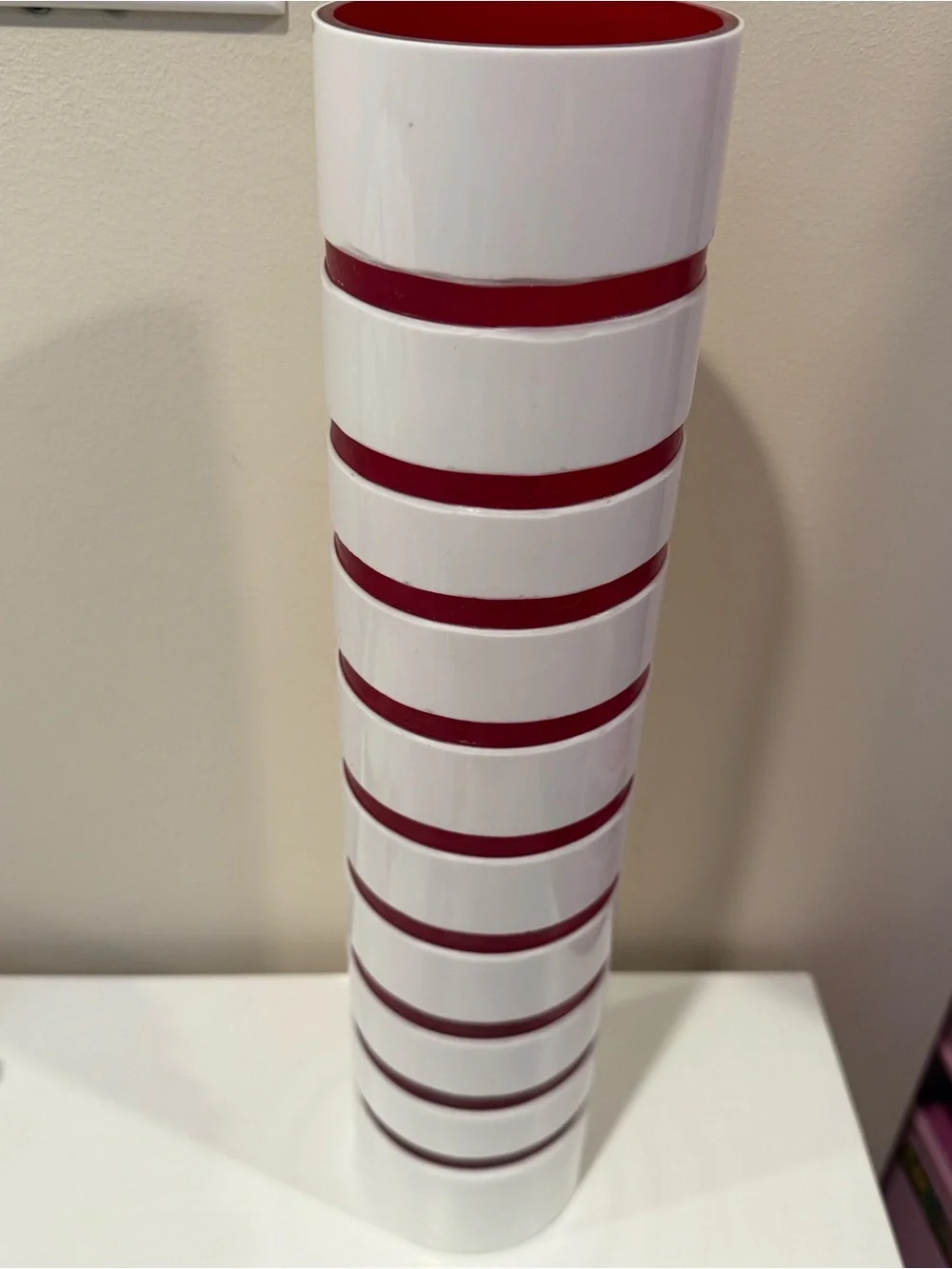 NWT Vintage Studio Nova White Ceramic Cylinder Vase with Red Stripe Accents